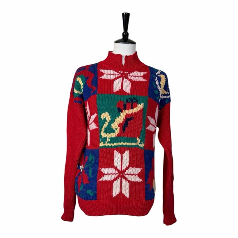 Robert Scott Ltd Vintage Holiday Patchwork Knit Sweater Size Medium Red Green